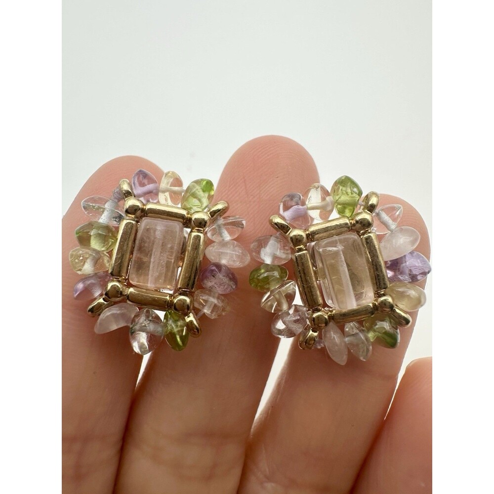 Vintage Gold Tone Natural Gemstone Pierced Earrings Peridot Amethyst Citrine